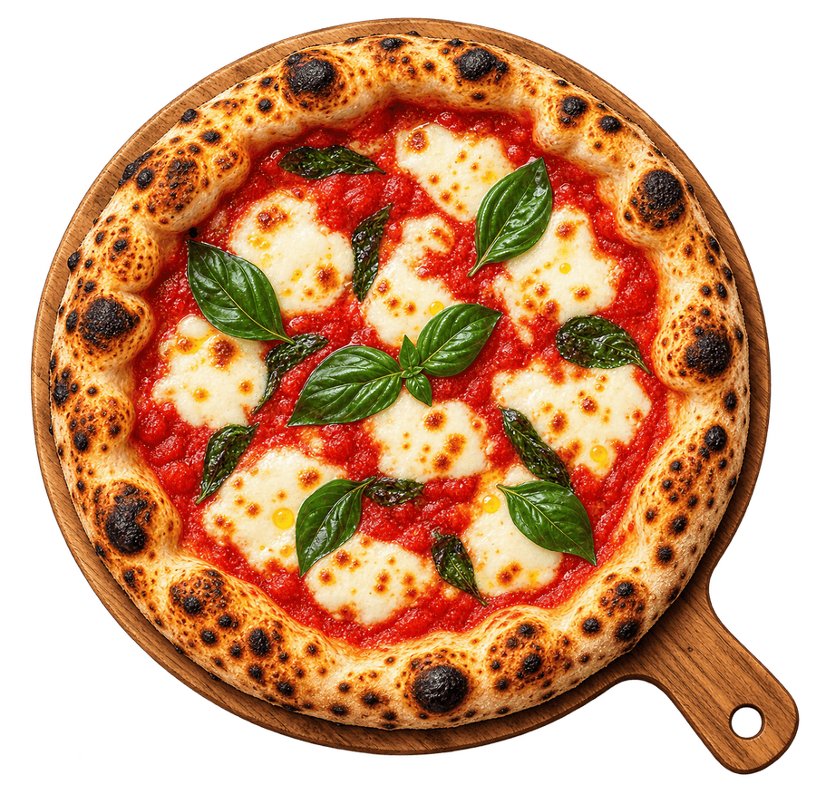 Wood-fired Margherita pizza on a wooden peel